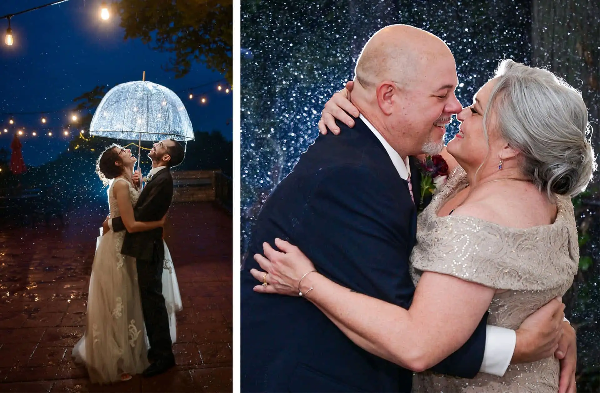 Two different older couples photographed in the rain at night for their epic wedding photos including one at the Pine Knob Mansion in Clarkston, MI.